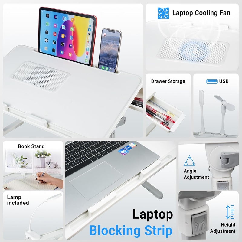 XTRA Laptop Lap Desk with Cooling Fan - Adjustable with Light, USB, Storage Drawer - Folding Bed Desk,22.04"*12.59",White - Image 3
